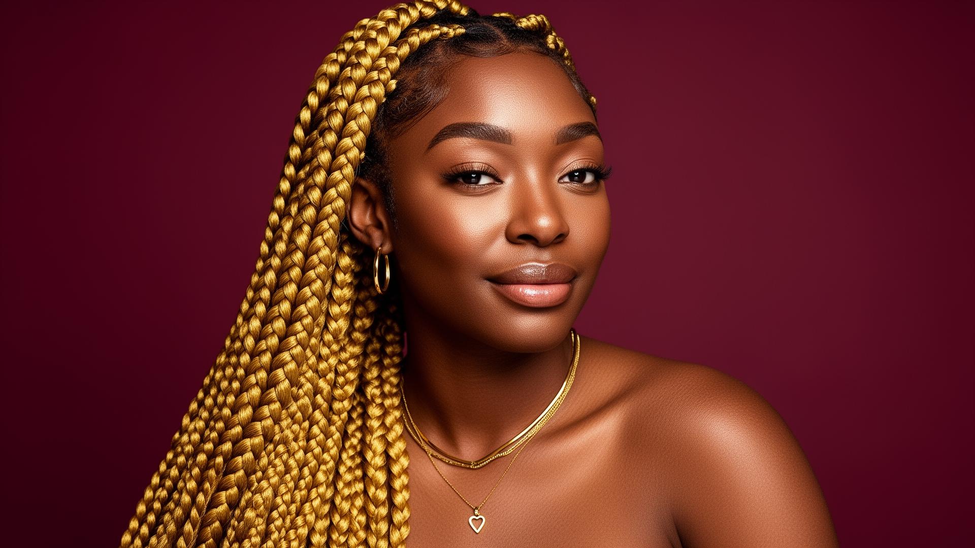 Long golden box braids on a Black woman against a burgundy backdrop